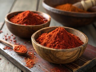 Fototapeta premium Fiery crimson chili powder piled in rustic wooden bowls and scattered on a textured cutting board