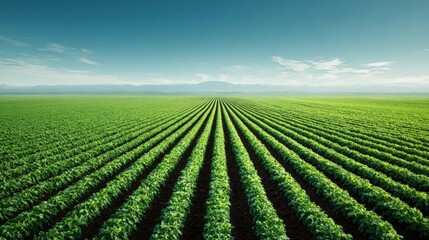 Wide landscape of vibrant green crop rows under clear sky at midday