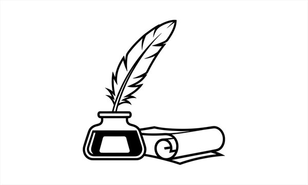 Quill pen inkwell and scroll black and white illustration.