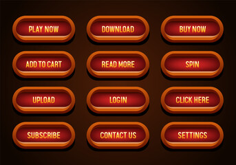 Buttons set. Red buttons with wooden frame. Vector button