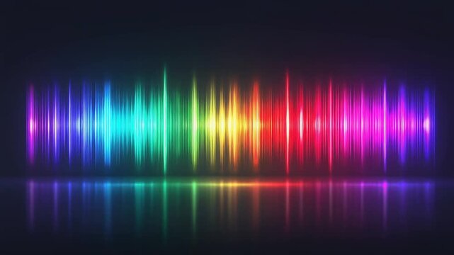 A vibrant, neon rainbow spectrum of light waves, reflected on a dark surface, with vertical lines