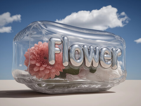 Transparent inflatable Flower word with pink blossom and clouds over pale surface. Ideal for floral branding, spring posters, and romantic event design.