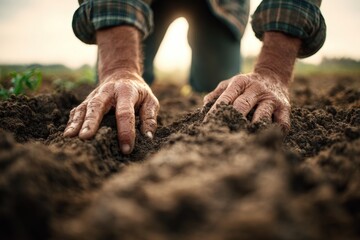 Fototapeta premium Close-up of Worker?s Hands Touching Soil in Natural Light