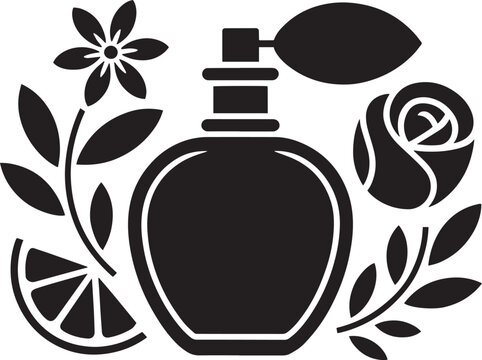 Black silhouette perfume bottle with floral elements and citrus slice on grid background