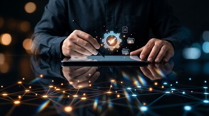 Businessman working with digital tablet and secure data icons floating above