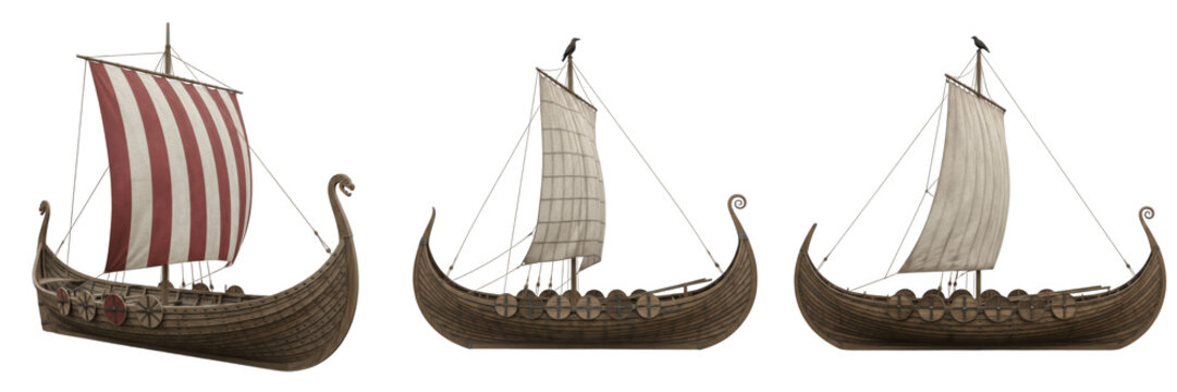 Viking knarr isolated on white background, Norse cargo ship, medieval Scandinavian trading vessel, oceanic Norse ship, Viking merchant ship, historical knarr, long-distance seafaring vessel