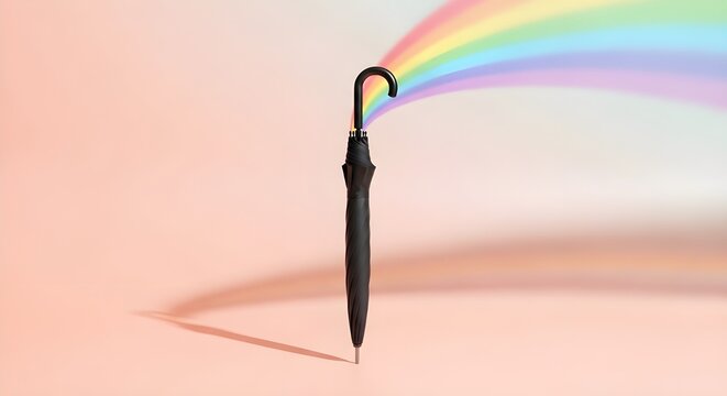 A conceptual surreal image of a black umbrella where a colorful rainbow emerges from the curved handle, symbolizing hope, creativity, and finding joy after the rain.