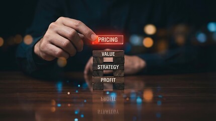 Businessman analyzing pricing strategy with wooden blocks