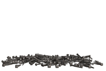 Fototapeta premium A substantial heap of dark, worn, metallic nails or spikes lies scattered across the lower edge of a transparent background emphasizing construction and industry