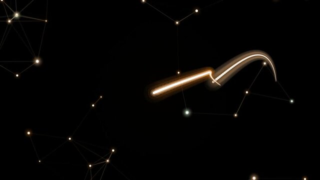 A stylized constellation pattern resembling a scythe or sickle, illuminated in gold against a black background, viewed from a direct perspective.