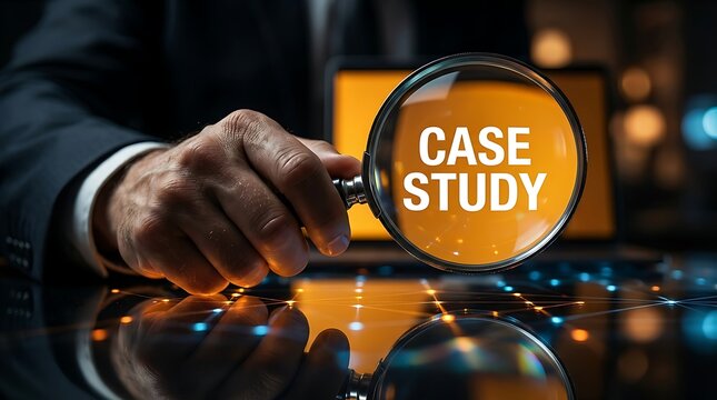 Businessman examining case study with magnifying glass in modern office