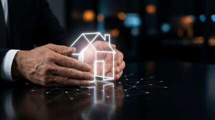 Businessman protecting his home with glowing house icon on network background