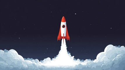 Fototapeta premium Retro cartoon rocket launching into night sky above clouds