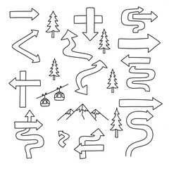 A set of black and white line art illustrations of arrows, trees, mountains, and a ski lift, designed as a vector graphic for navigation and direction