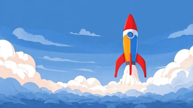 Colorful cartoon rocket launching into blue sky with clouds