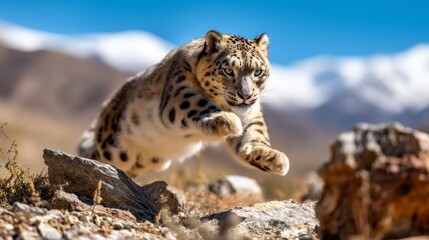 Obraz premium Snow Leopard Leaping Across Rugged Mountain Terrain in Tibet