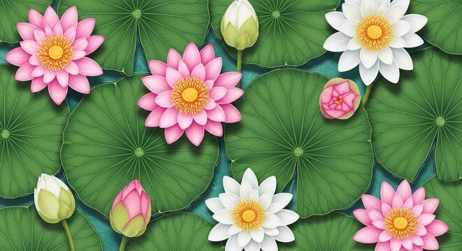 Vibrant pink and white lotus flowers floating on green lily pads top view botanical pattern