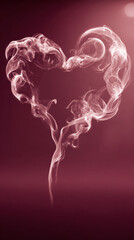 Heart shaped smoke drifts gently on soft pink background, creating romantic and dreamy atmosphere with delicate swirling patterns