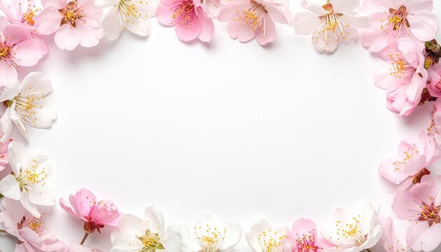 Spring blossom flowers framing the edges of the image, warm pastel tones, soft natural lighting, top view composition, clean white background in the center for copy space