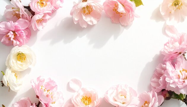Spring blossom flowers framing the edges of the image, warm pastel tones, soft natural lighting, top view composition, clean white background in the center for copy space