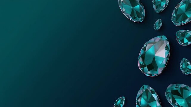 A dark teal-green gradient background with scattered, polished, and faceted teal-colored gemstones