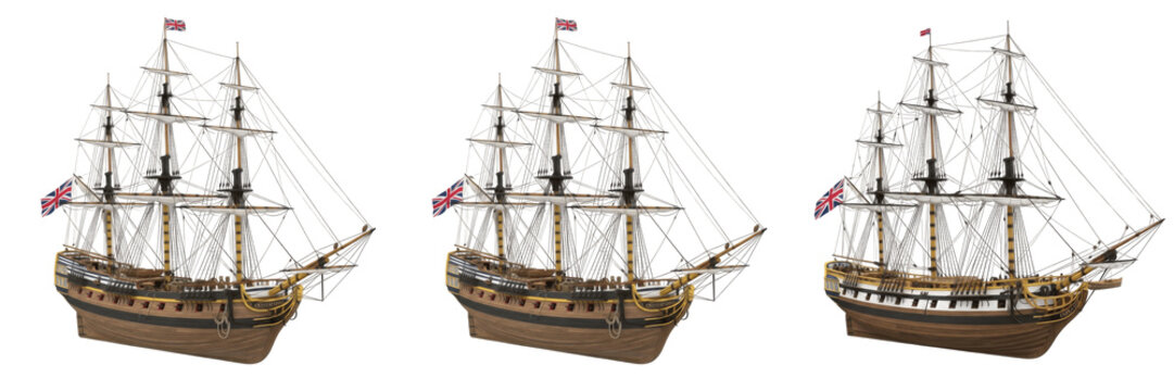 HMS Endeavour isolated on white background, 18th century Royal Navy ship, British exploration vessel, Captain Cook ship, scientific voyage vessel, historical maritime ship, Pacific exploration vessel
