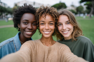Obraz premium Three happy young women taking a selfie outdoors, close-up friendship portrait in natural light, diverse female group, joy, togetherness and authentic social connection concept