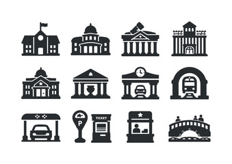 Fototapeta premium Solid vector icons of public services: school, university, courthouse, prison, civic center, museum, train station, metro station