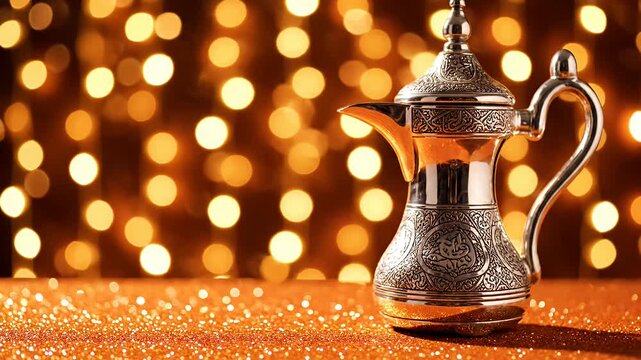 Elegant silver Dallah coffee pot with bokeh lights and glitter