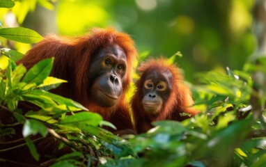 Fototapeta premium Closeup of Two Orangutans in Lush Rainforest Habitat Surrounded by Greenery