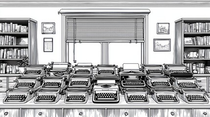 Illustration of a collection of vintage typewriters on a desk in a retro office