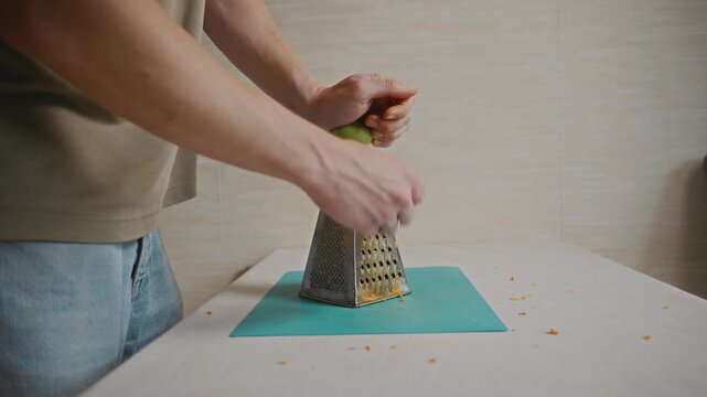 Medium shot of a man grating carrot on a kitchen grater at a table. Everyday home cooking activity, vegetable preparation and domestic routine without showing face. High quality 4k footage