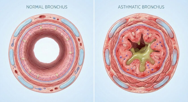 Normal Bronchus vs Asthmatic Bronchus Airway Comparison Illustration