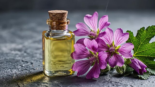 Essential oil bottle with purple mallow flowers on dark stone