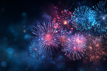 Fototapeta premium Vibrant fireworks illuminate the dark night sky with bursts of blue and pink light