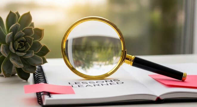 Magnifying glass resting on open notebook with "Lessons Learned" text, symbolizing analysis and reflection