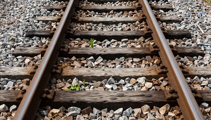 Naklejka premium railway tracks with weathered wooden ties and gravel ballast, highlighting infrastructure longevity, created with generative ai