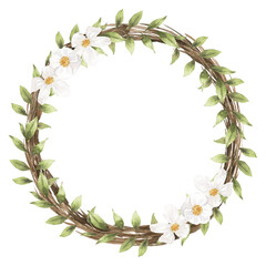 Watercolor tree branch wreath with white spring flowers. Hand drawn illustration for Easter, Spring, Mother's Day