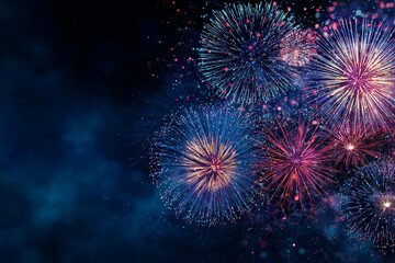 Fototapeta premium Colorful explosions of fireworks illuminate the night sky with dazzling bursts of blue and red light and glowing bokeh effects
