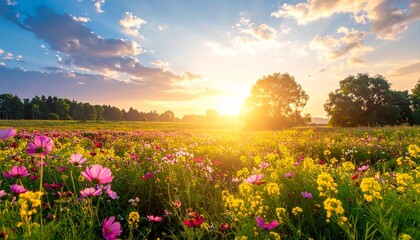 Warm spring wildflower field during golden hour, soft sunlight, glowing pink and yellow blossoms, peaceful countryside atmosphere, wide landscape composition, large copy space in the sky area