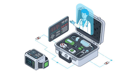 Medical equipment kit with various devices and tools for healthcare professionals.