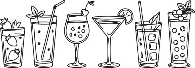 Row of diverse hand drawn black and white cocktail glasses with refreshing drinks and garnishes