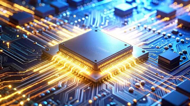 Central processing unit on a circuit board with glowing data pathways, representing modern technology and digital innovation.