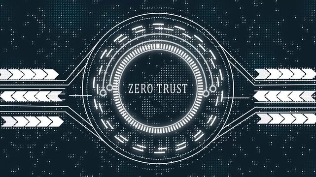 Digital abstract background with glowing neon circles and icons representing zero trust security concepts