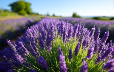 Obraz premium Vibrant Lavender Fields Under Clear Blue Sky in French Countryside