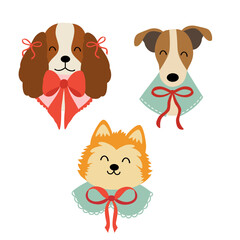 set of isolated cute dogs with a red bow