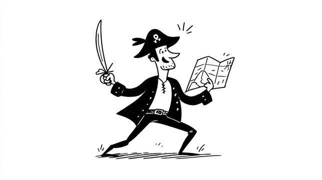 Cartoon pirate with sword and map, ready for adventure