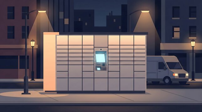 Automated parcel locker station in night city street with delivery van flat design illustration.