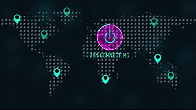 VPN Connecting Screen 4K Animation with world map and location blinking. Loading screen of vpn animation background