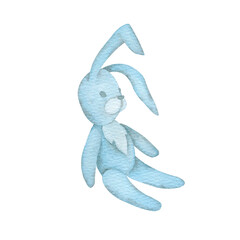 Bunny blue watercolor isolated illustration on a white background. Simple baby shower clip art for boy`s first birthday and newborn sleep design in pastel colors